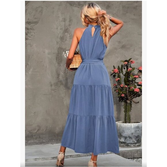Pretty Garden Womens Halter Neck Tiered Maxi Dress Size S Waist Tie Light Blue - Picture 2 of 13